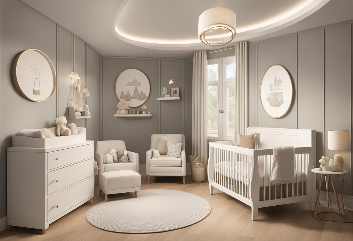 A modern nursery with neutral colors and stylish furniture. A name plaque reading "Arden" hangs on the wall