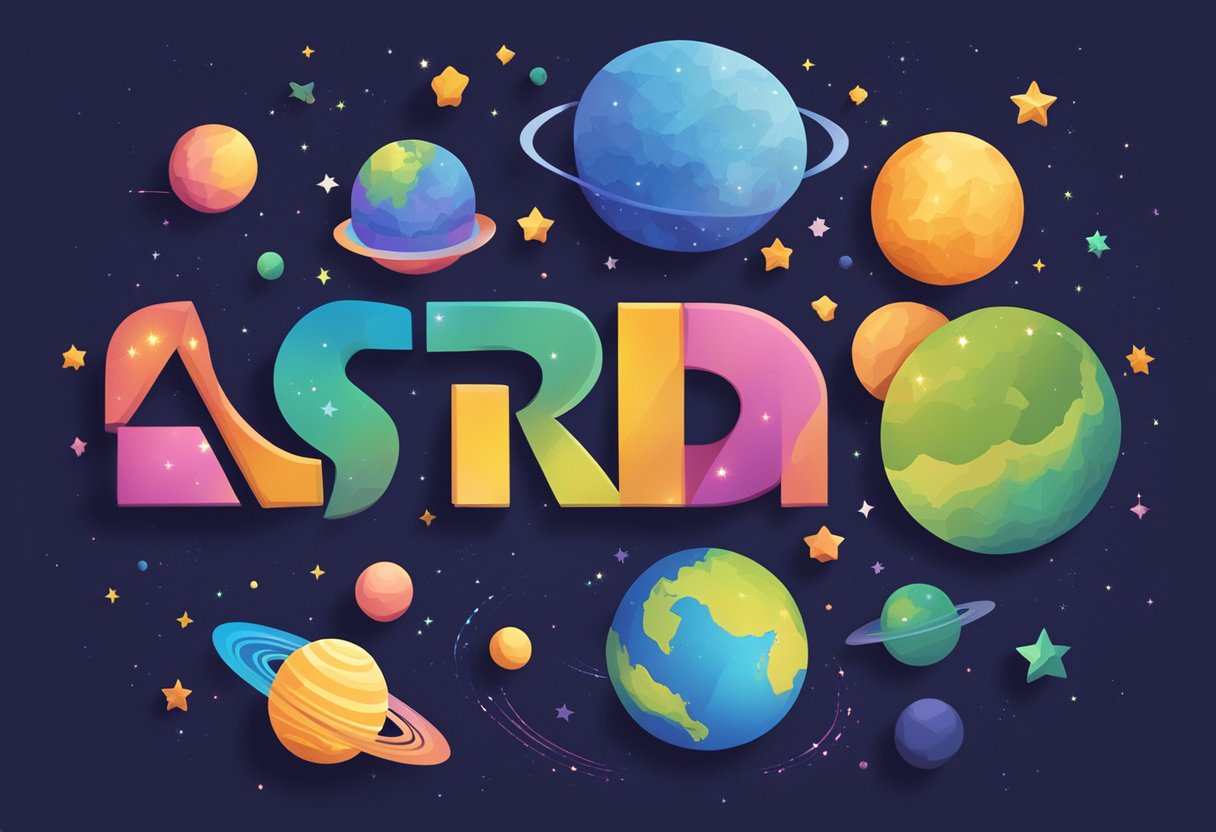 Astrid's name written in colorful block letters, surrounded by stars and planets