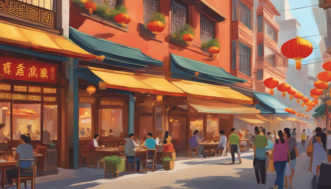 The bustling streets of Chinatown surround La Jia Restaurant, with its vibrant red and gold exterior beckoning passersby. The aroma of sizzling woks and savory spices fills the air, while colorful lanterns sway in the gentle breeze