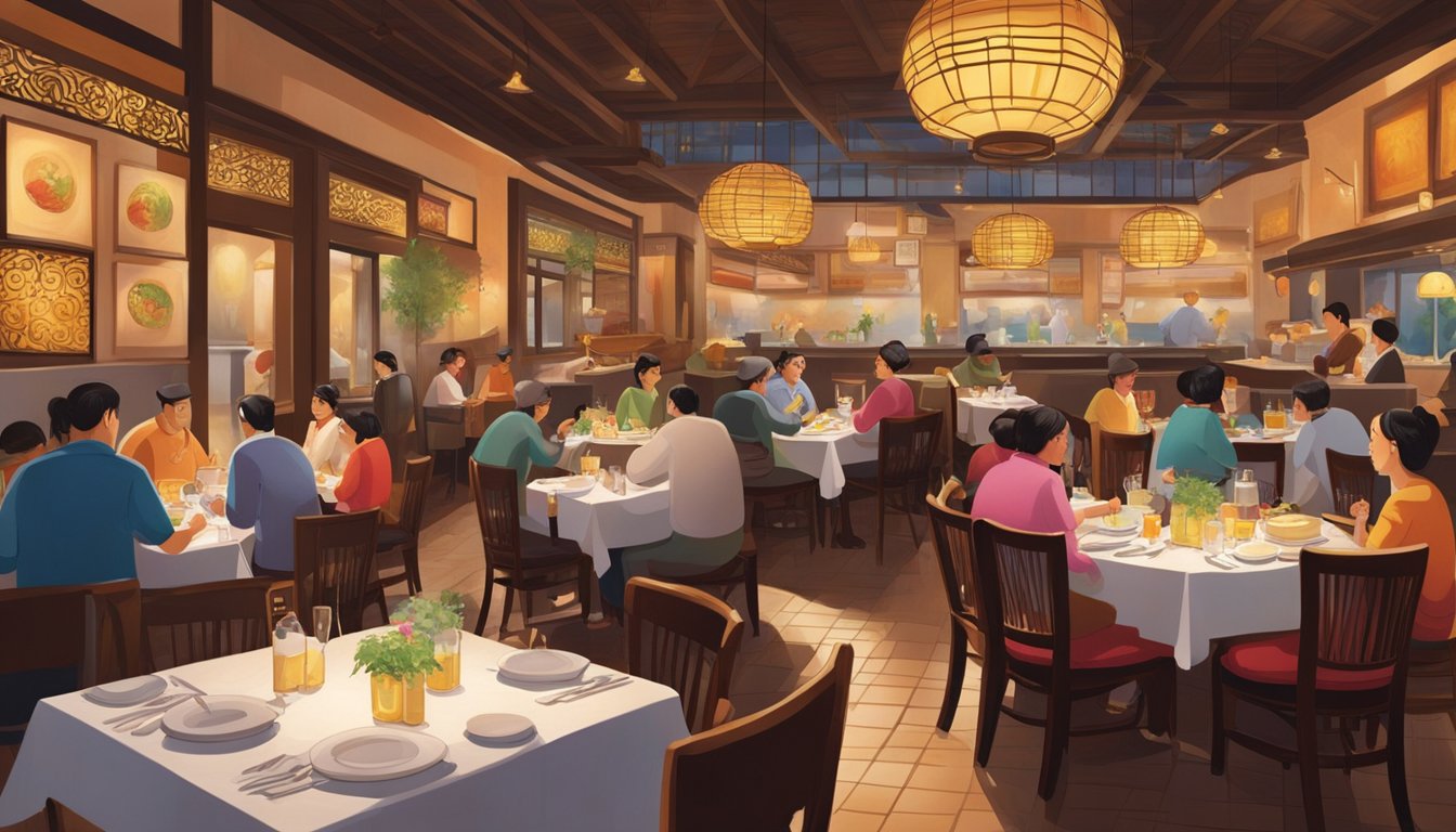 The bustling restaurant glows with warm lighting and vibrant decor. Tables are filled with diners enjoying traditional Chinese cuisine. A chef skillfully prepares dishes in the open kitchen, filling the air with tantalizing aromas
