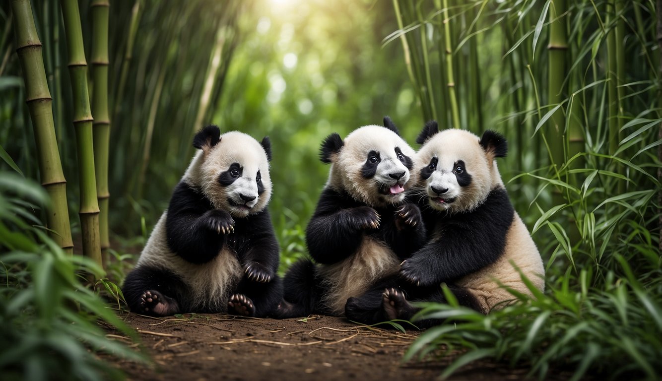 A group of fluffy panda cubs playfully tumble and roll in a lush bamboo forest, their black and white fur contrasting against the vibrant greenery