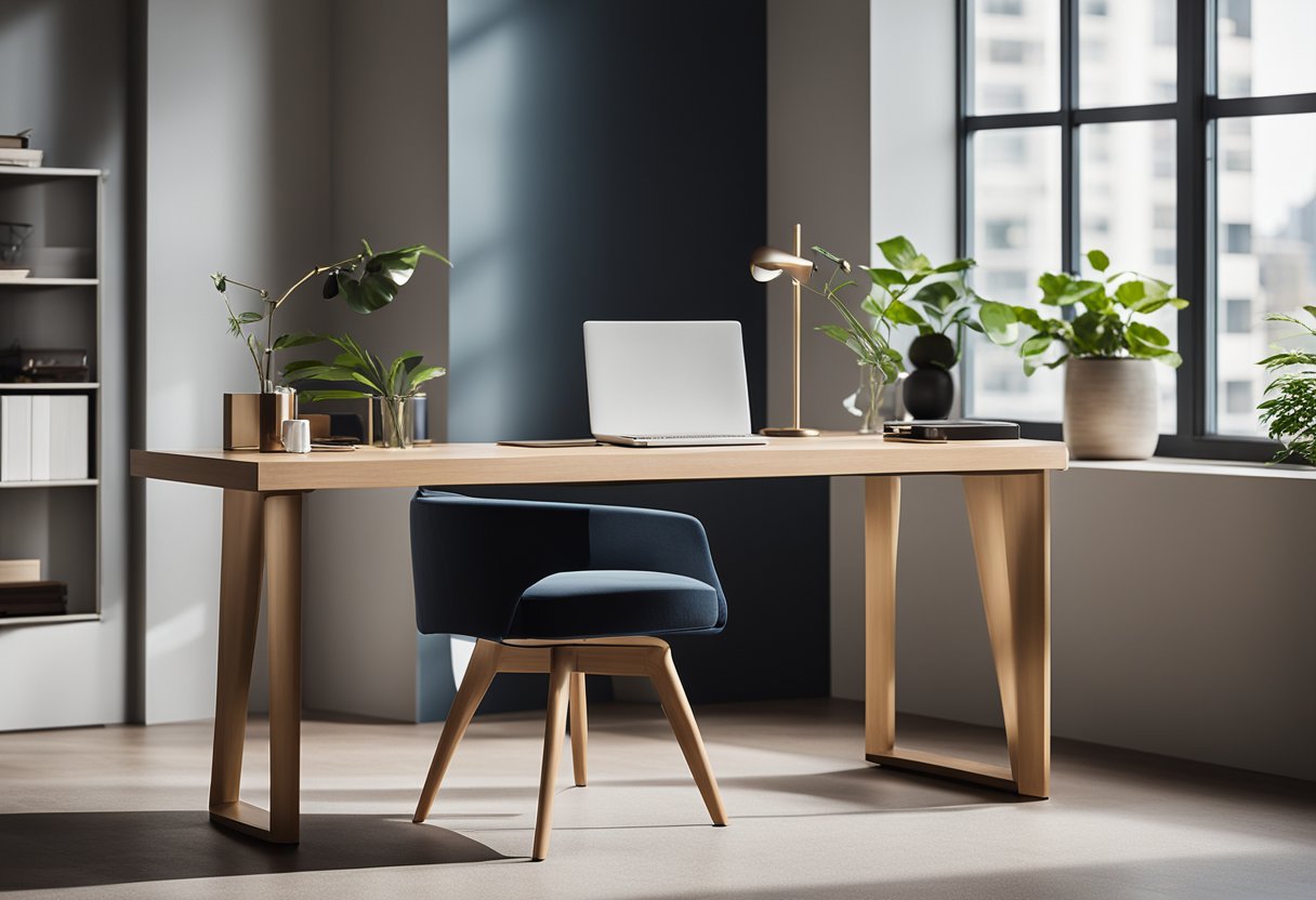 A sleek, modern desk with a minimalist design sits in front of a large window, bathed in natural light. A comfortable ergonomic chair complements the desk, surrounded by stylish storage solutions and decorative accents