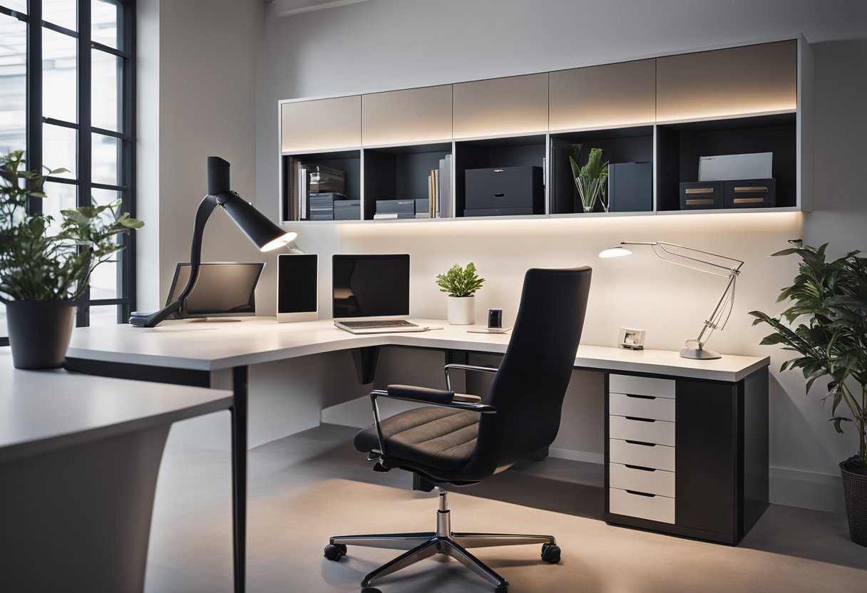 A sleek desk with built-in storage, ergonomic chair, and modern lighting in a minimalist, well-organized home office