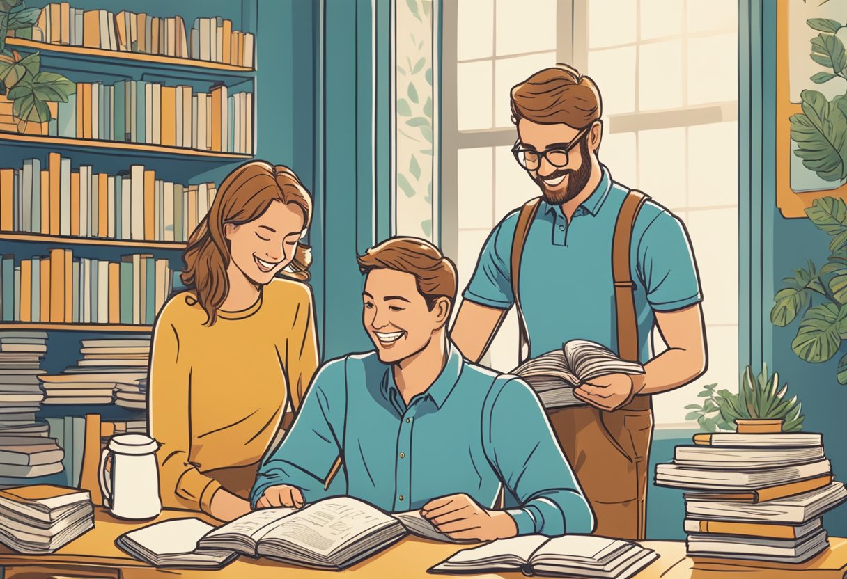 A smiling couple sits at a table, surrounded by baby name books and lists. They point to the name "Astrid" with excitement