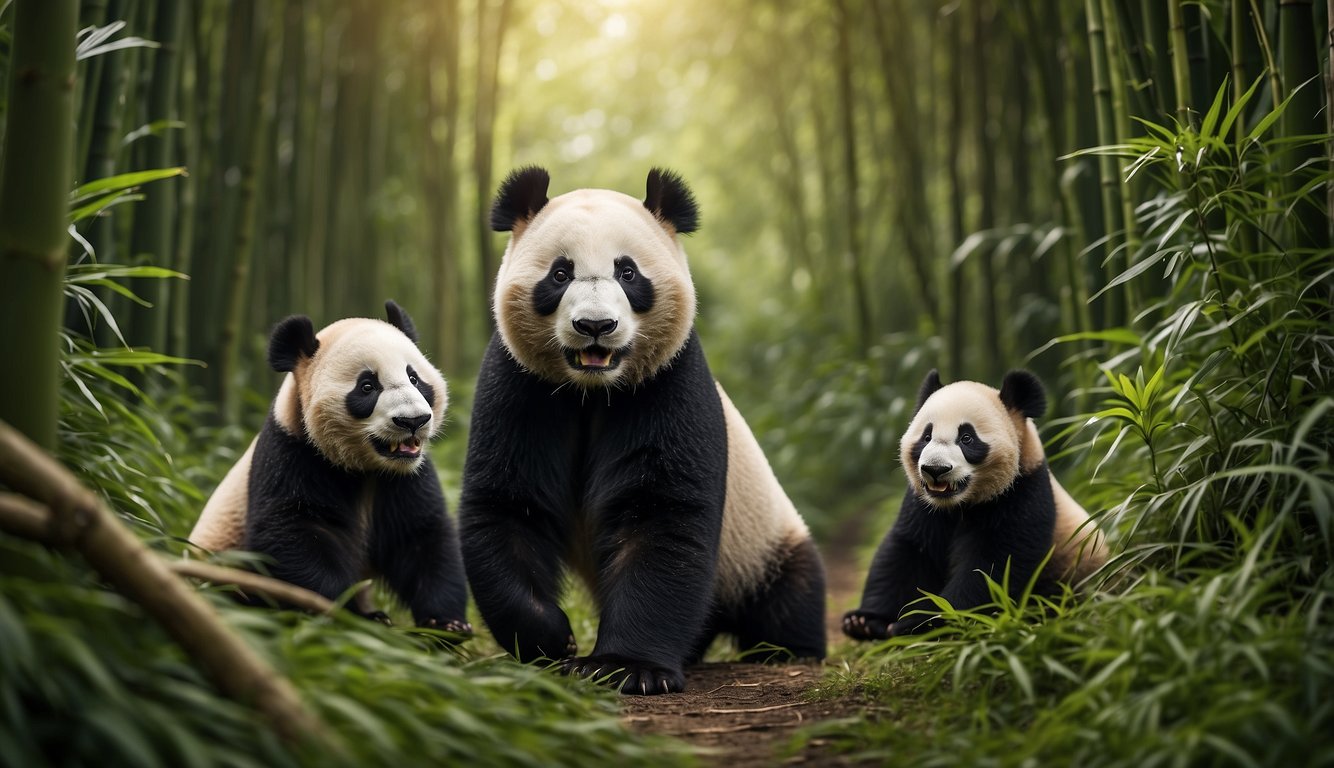 A winding path through lush bamboo forests leads to a clearing where playful panda cubs tumble and roll under the watchful eye of their mother
