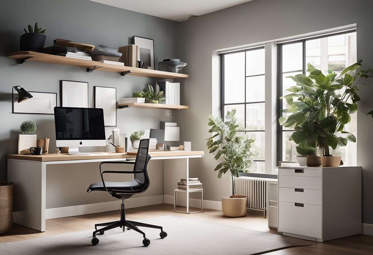 A sleek, modern home office with a clean, organized desk, ergonomic chair, and stylish storage solutions. The space is well-lit with natural light and features a minimalist color palette