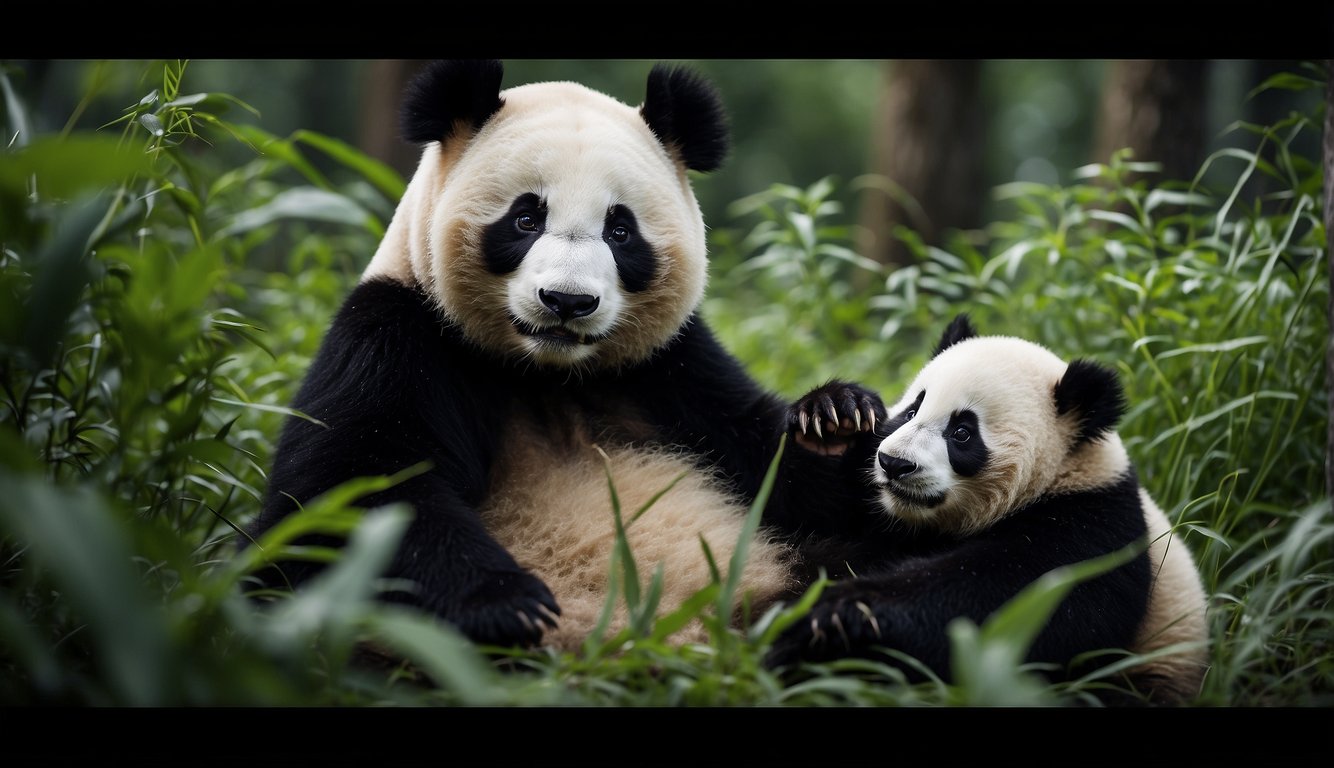 Panda cubs playfully interact with their human friends in a lush bamboo forest, surrounded by fluffy pandas