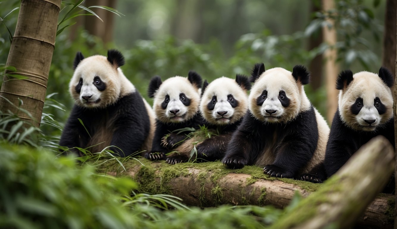 Fluffy panda cubs gather virtually and in-person, playing and exploring their bamboo forest habitat