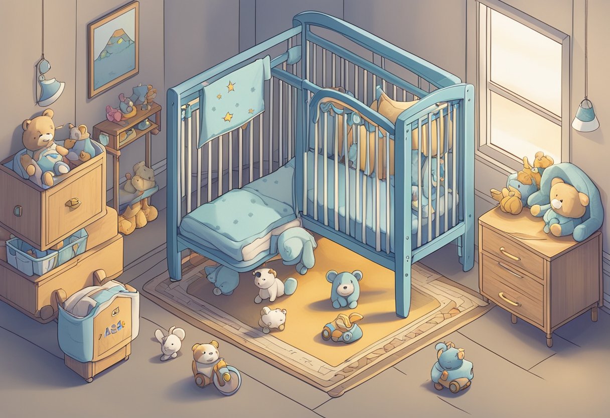 A crib with the name "Asa" written on it, surrounded by soft toys and a mobile hanging above