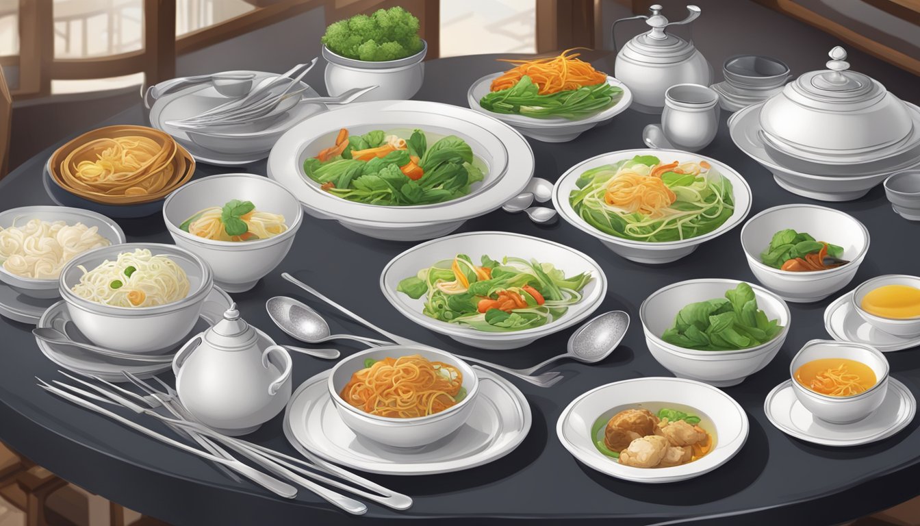 A table set with elegant dishes and utensils at Lian Xin Vegetarian Restaurant