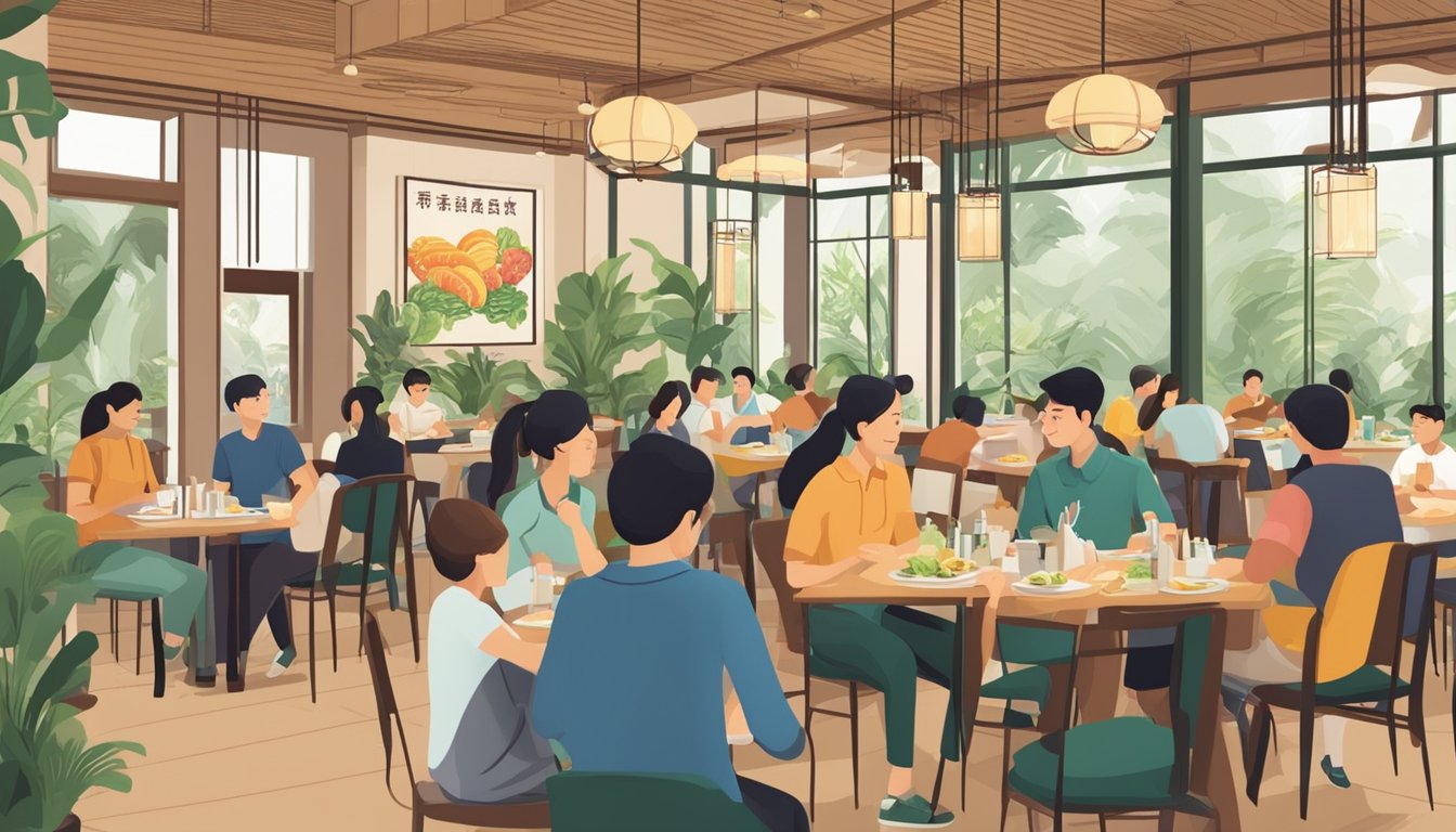 A busy restaurant with a sign "Frequently Asked Questions Lian Xin Vegetarian Restaurant". Diners enjoying their meals at tables, waiters serving food