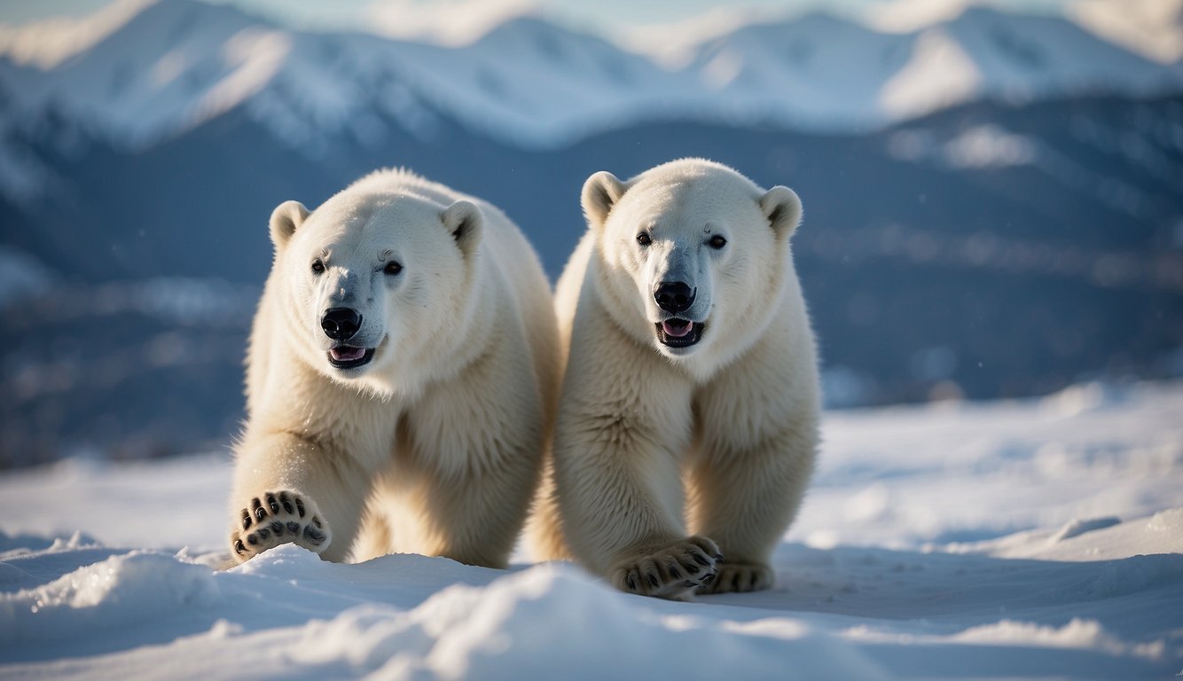 Polar bear cubs frolic in the snow, sliding and tumbling in their play.

The Arctic landscape is a backdrop of icy blue and white, with snow-covered peaks in the distance
