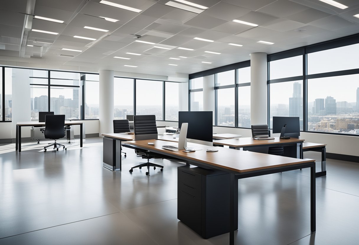 A modern executive office with minimalist furniture, sleek technology, and abundant natural light. Glass partitions and open floor plan promote collaboration