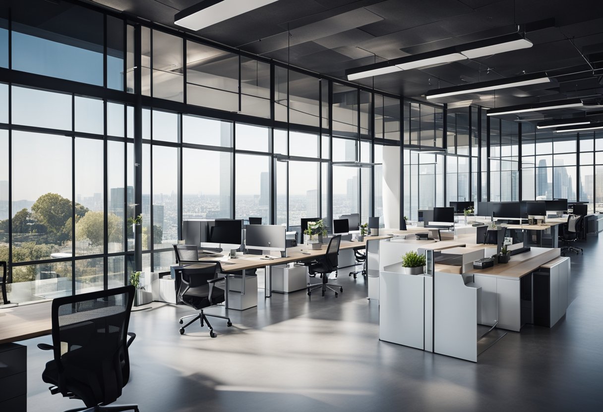 Sleek, modern office with open floor plan, glass walls, minimalist furniture, and integrated technology