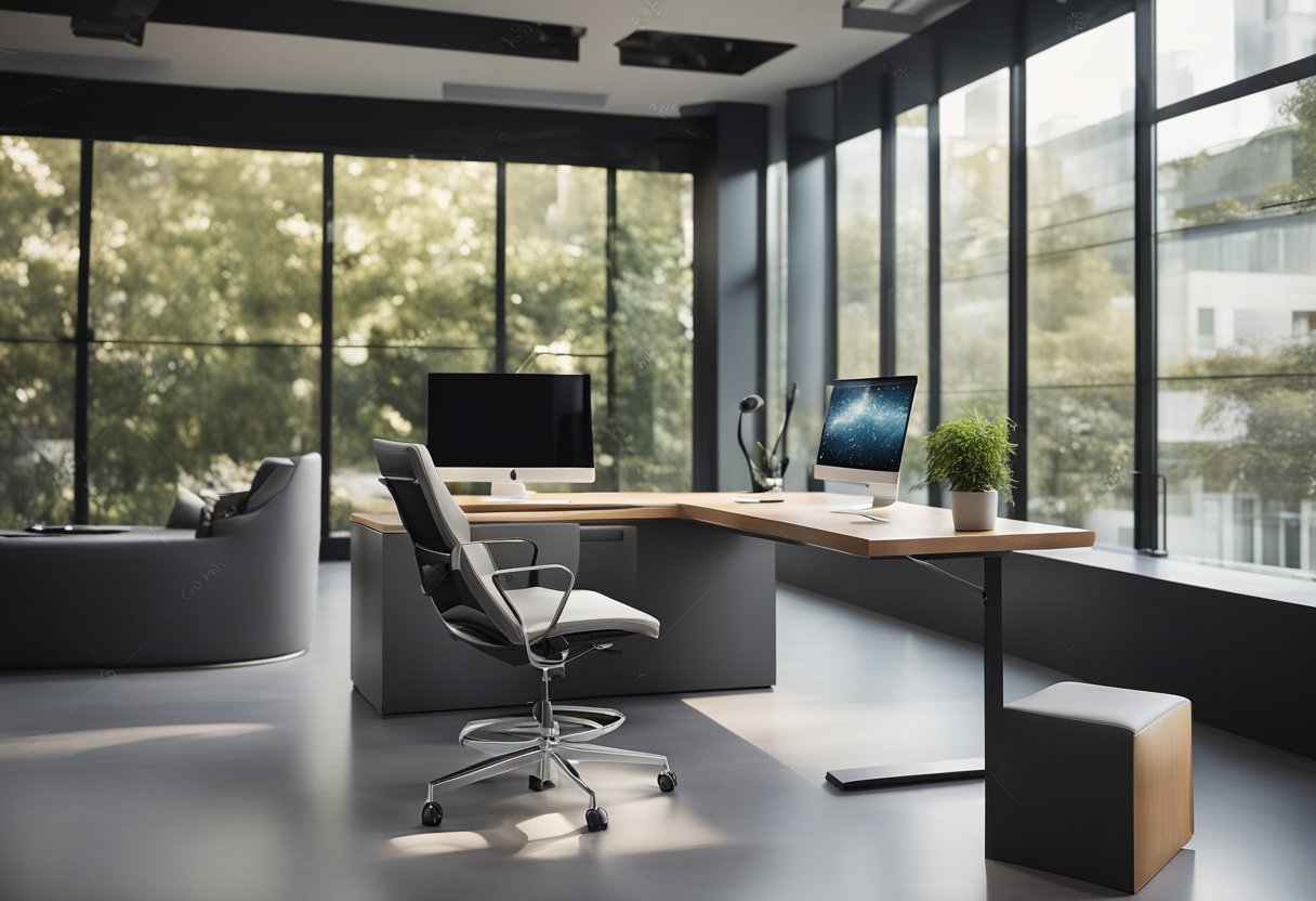 A sleek, minimalist desk with integrated technology, ergonomic chair, large windows for natural light, and modern art on the walls