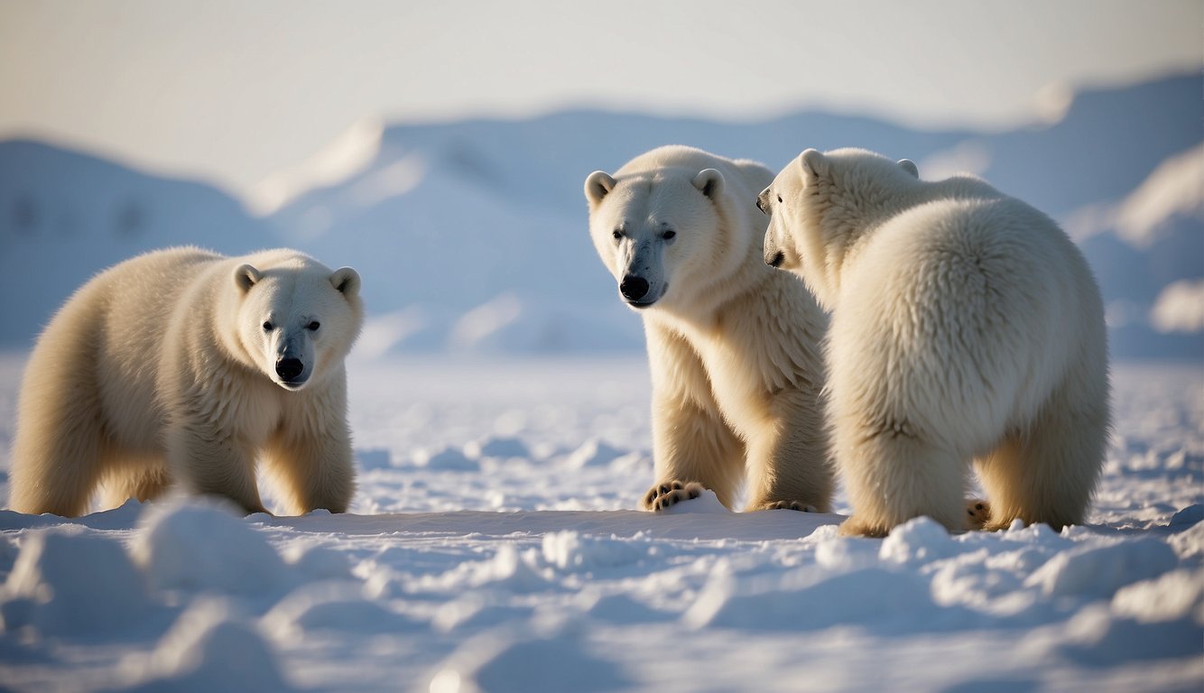 Polar bear cubs frolic in the icy Arctic, tumbling and wrestling in the snow.

Their fluffy white fur contrasts against the stark landscape, as they playfully explore their wintry world