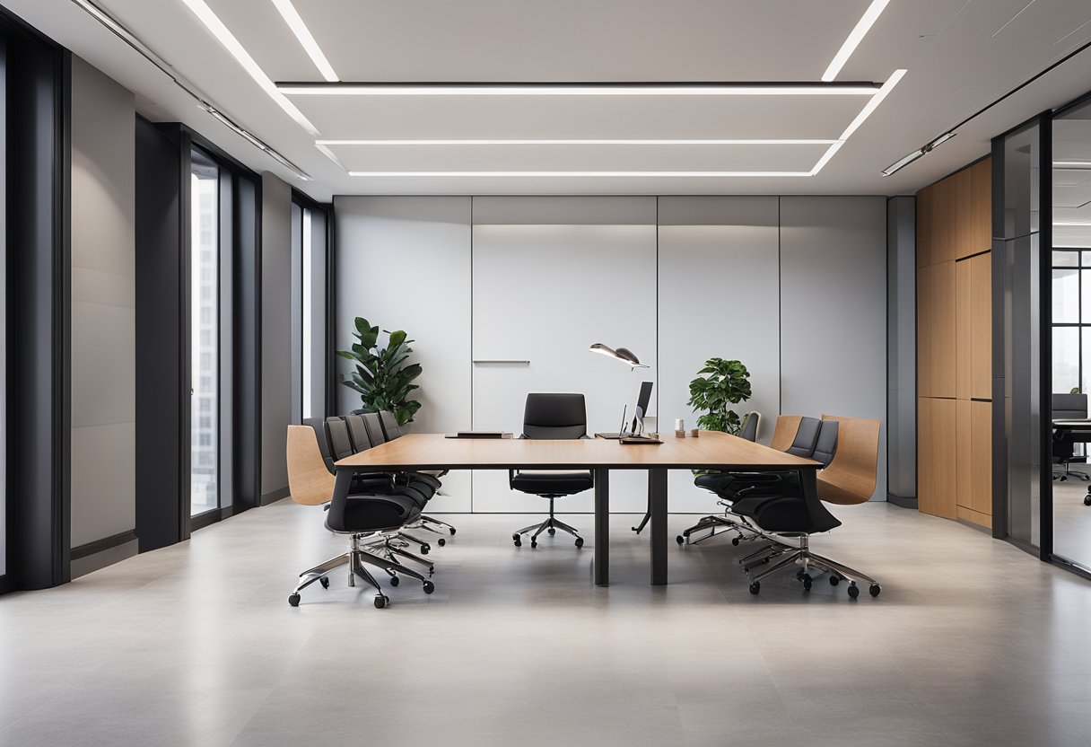 An elegant executive office with modern furniture, clean lines, and natural light. Minimalist decor with pops of color. Open floor plan with a designated meeting area