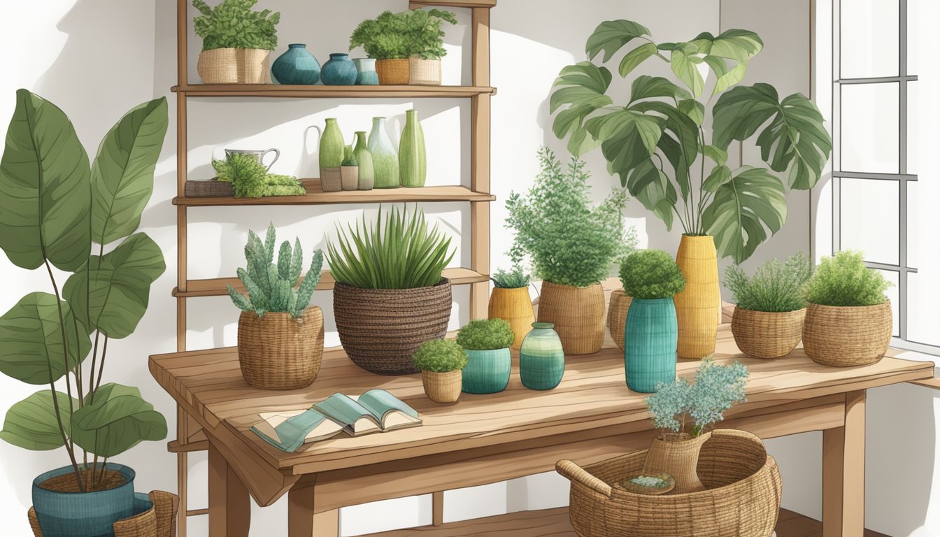 A table with handmade natural decor and accessories, including woven baskets, potted plants, and recycled glass vases, creates an eco-friendly home atmosphere
