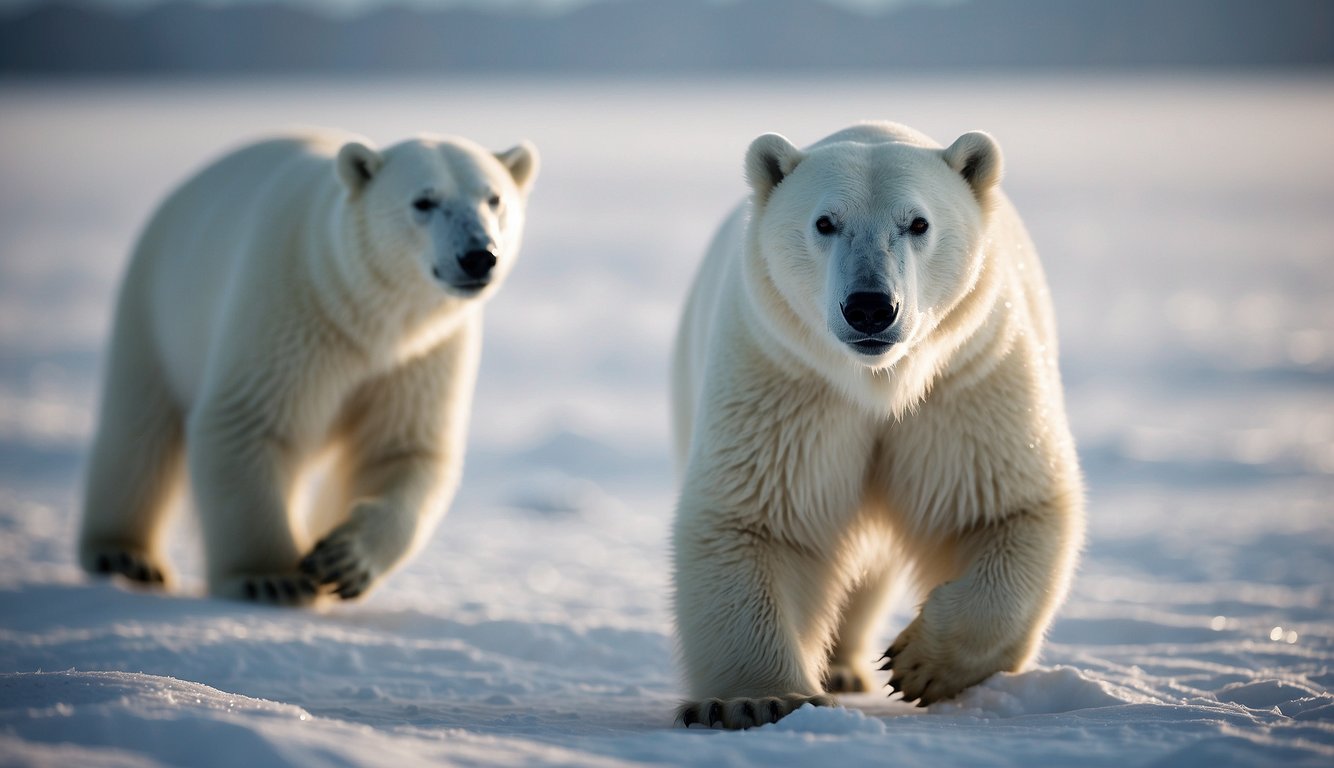 Polar bear cubs frolic on icy tundra, sliding and tumbling in the snow.

Their fluffy white fur contrasts with the stark, frozen landscape, as they playfully explore their Arctic home
