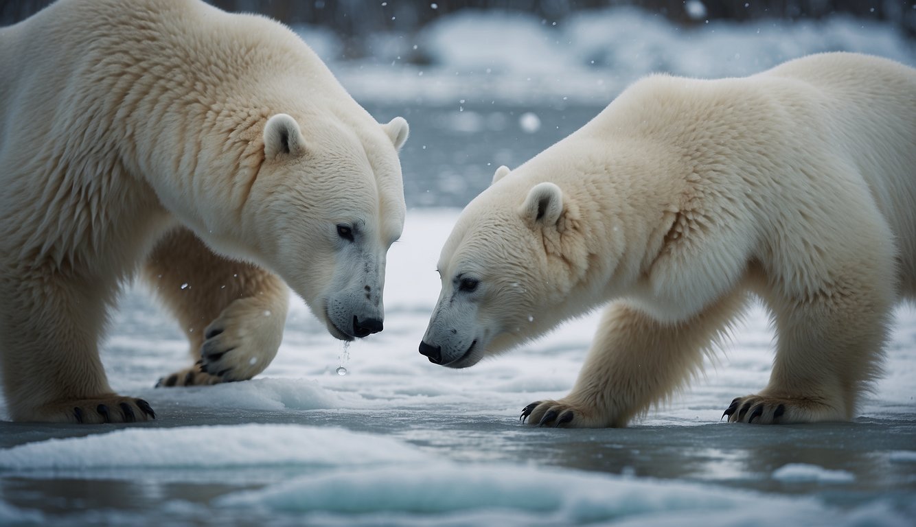 Polar bear cubs play on icy terrain, sliding and wrestling with each other.

Snowflakes fall gently as the mother bear watches over them