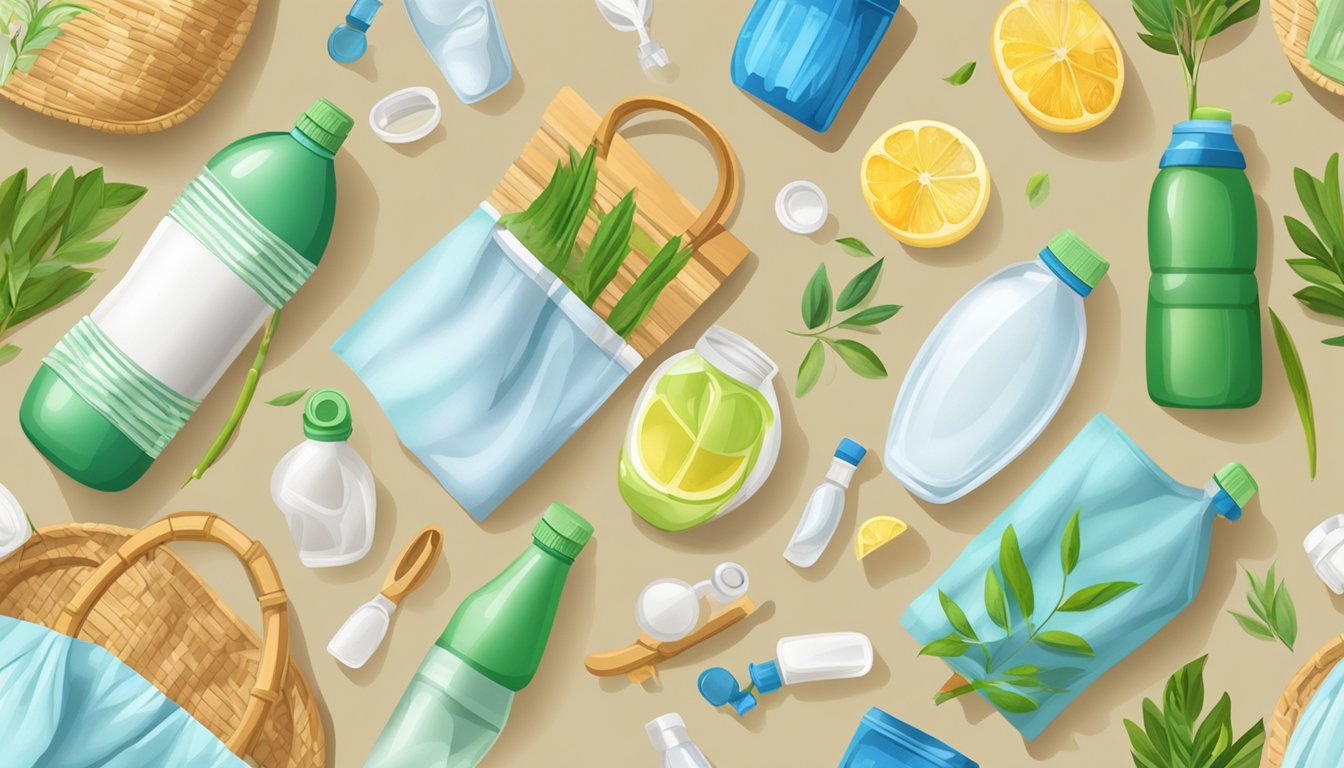 A table with various eco-friendly household items: reusable water bottles, cloth grocery bags, bamboo utensils, and natural cleaning products