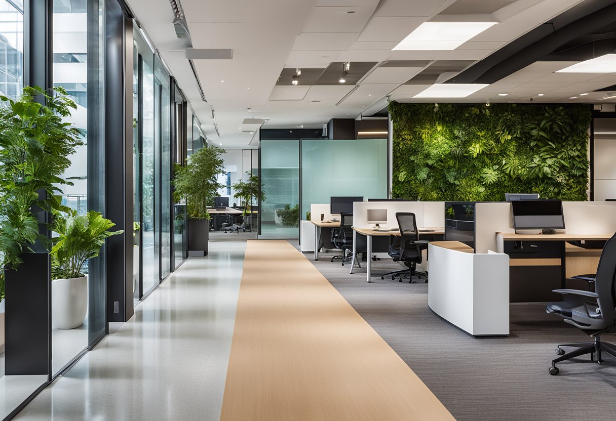 The Gensler office features modern, open-plan workspaces with abundant natural light, sleek furniture, and vibrant pops of color. Glass partitions and greenery create a sense of transparency and connectivity throughout the space