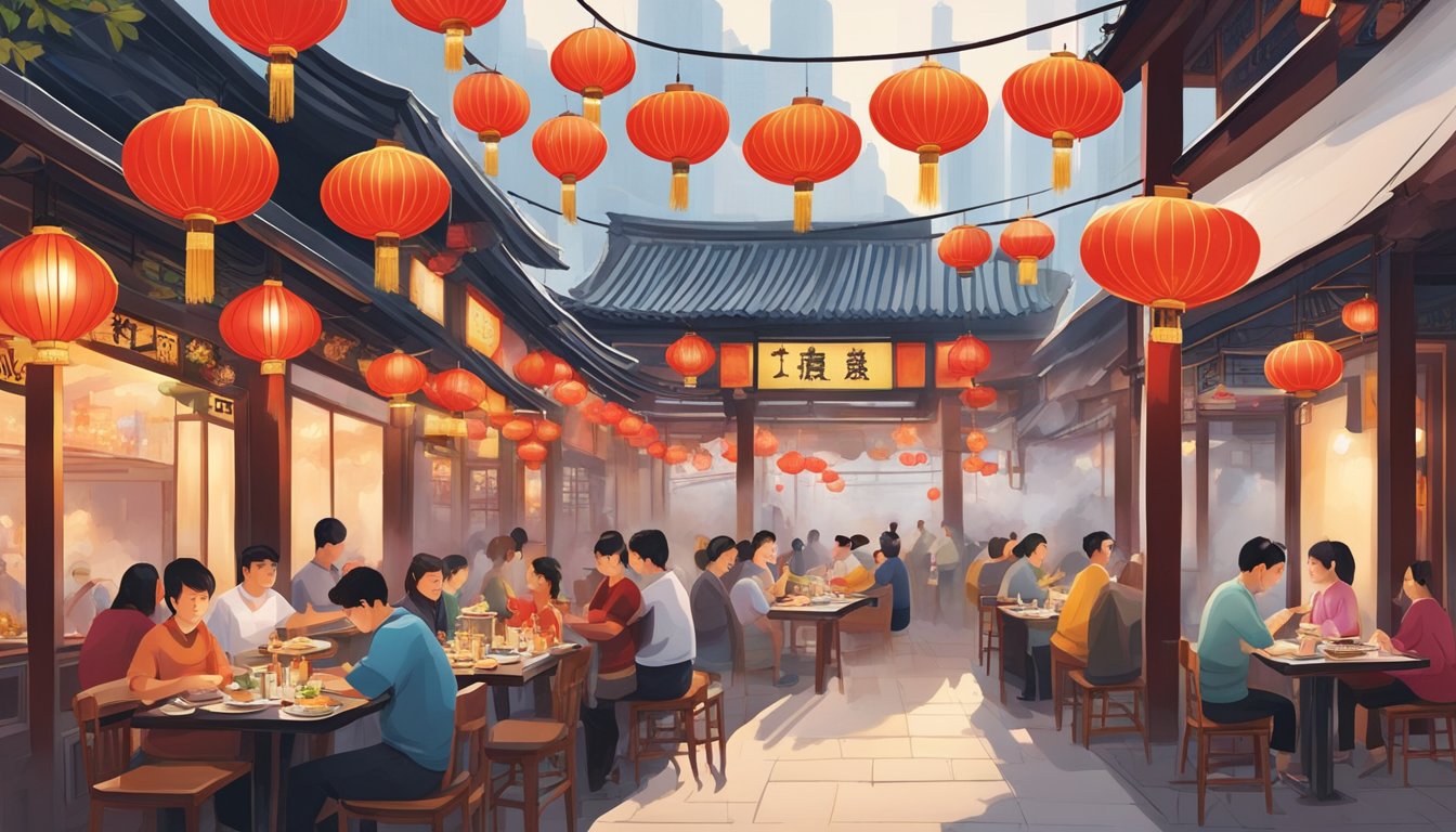 Mei Yuan restaurant: bustling with diners, red lanterns hanging, steam rising from sizzling woks, and the aroma of sizzling stir-fry filling the air