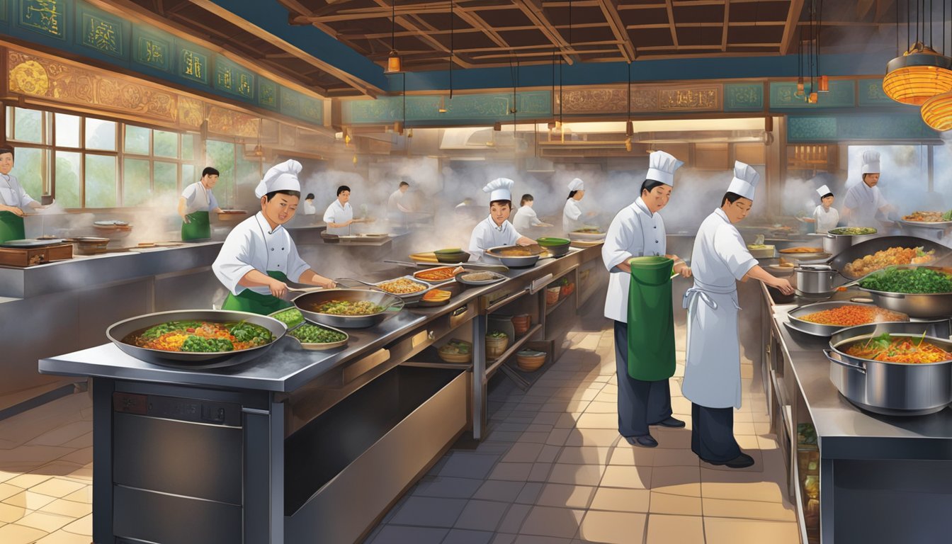 The Mei Yuan restaurant bustles with activity as chefs prepare aromatic dishes in a traditional Chinese kitchen. Aromatic steam rises from sizzling woks, while colorful ingredients line the bustling cooking stations