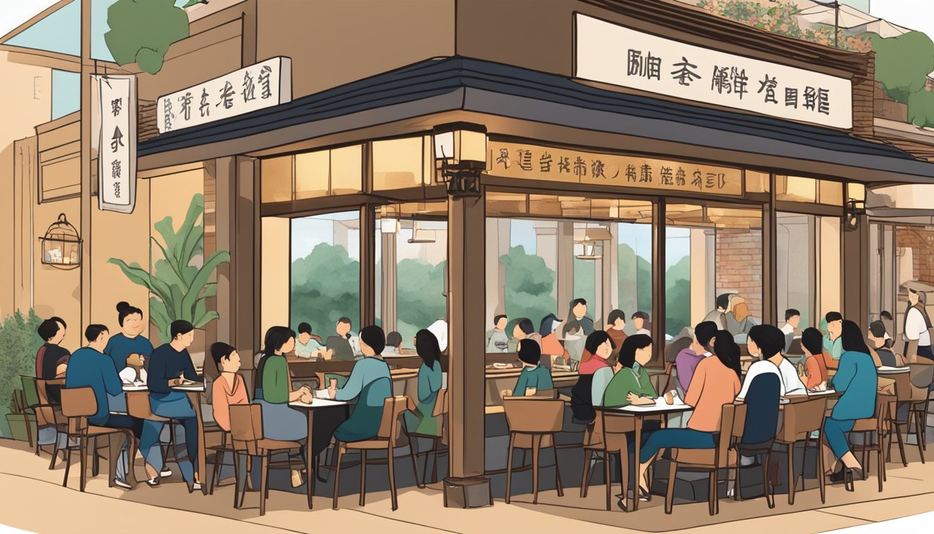 A bustling restaurant with a sign reading "Frequently Asked Questions Mei Yuan Restaurant" above the entrance. Tables filled with diners, waitstaff bustling about, and a warm, inviting atmosphere