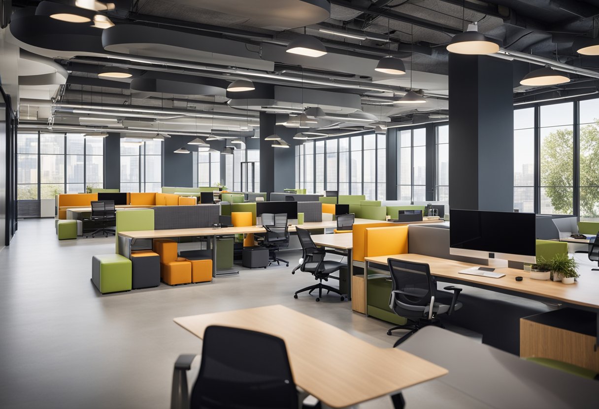 A vibrant open workspace with movable furniture and collaborative areas, featuring flexible design elements and integrated technology