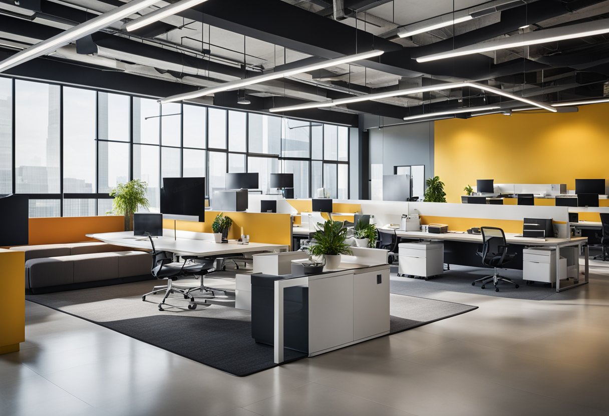 A modern office space with open floor plan, collaborative work areas, and natural light. Clean lines, minimalistic design, and pops of color create a vibrant and dynamic environment