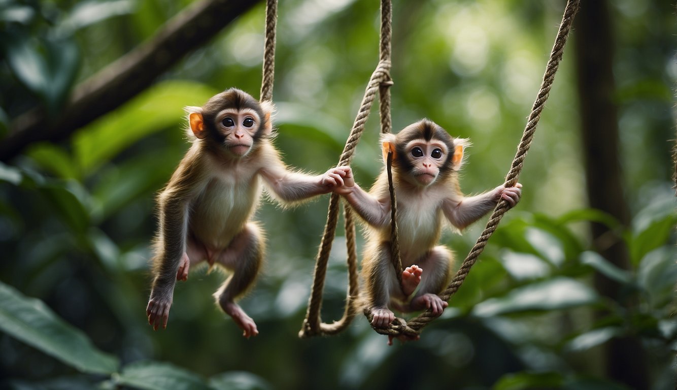 Baby monkeys swing from branch to branch, playfully chasing each other through the lush green canopy of the jungle