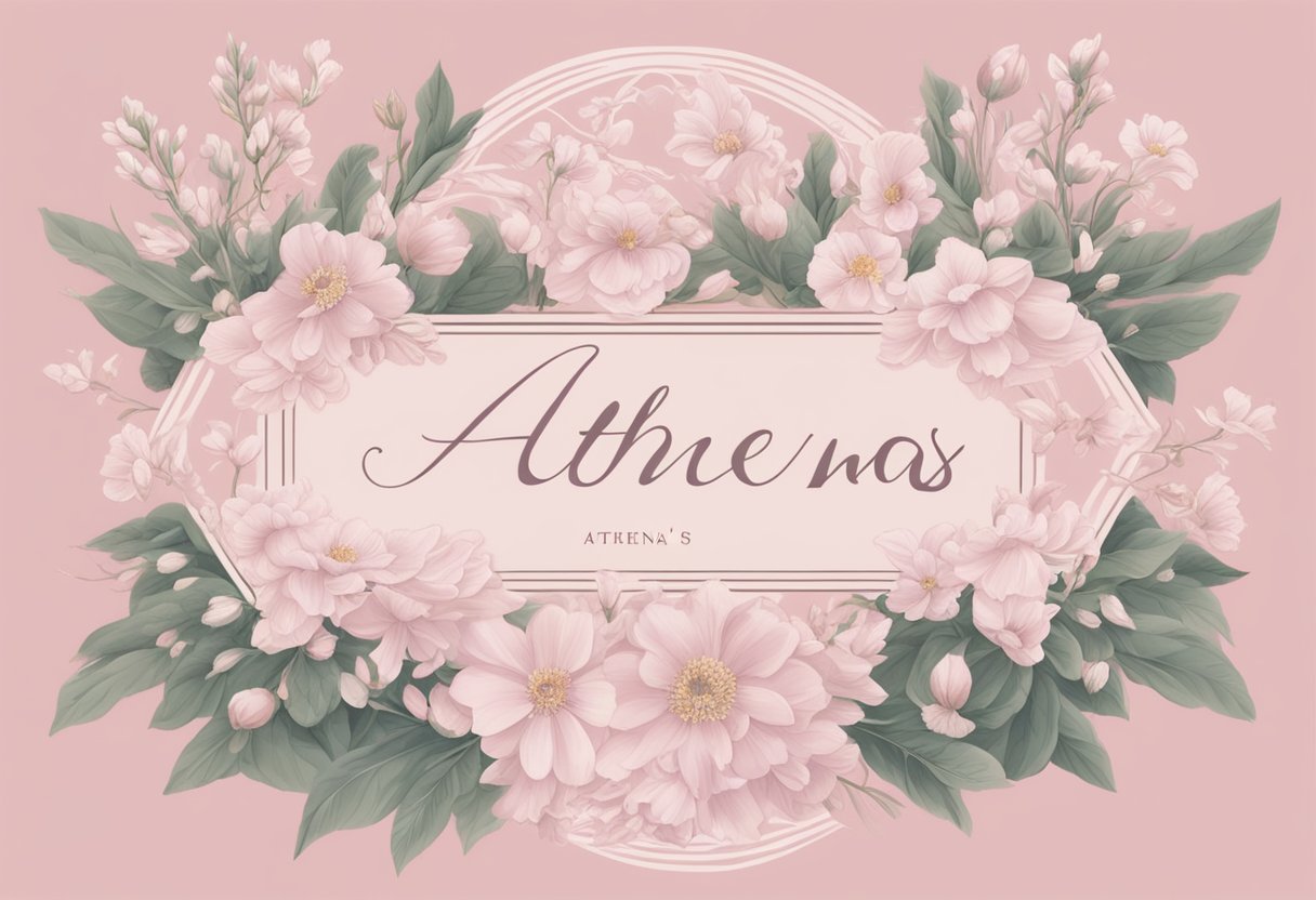 Athena's name written in elegant script on a soft pink blanket, surrounded by delicate flowers and a gentle breeze