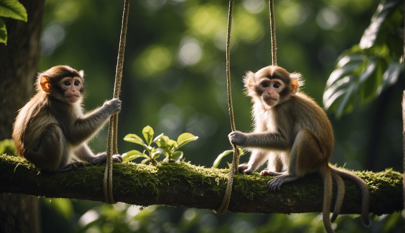 Baby monkeys swing and play in the lush green trees, chattering and grooming each other in their lively social world