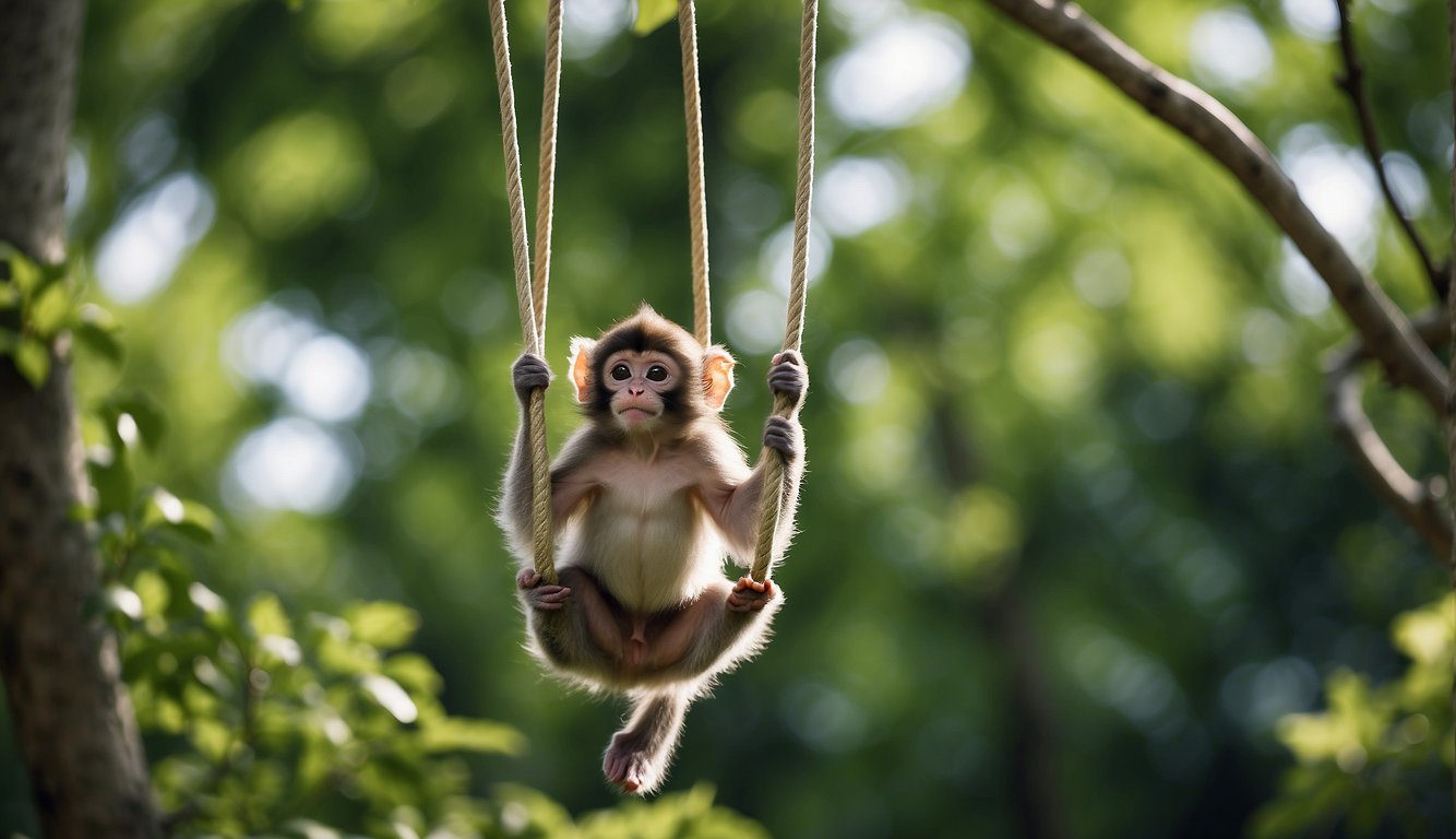 Baby monkeys swing and leap through lush green treetops, their playful antics creating a lively and vibrant scene among the leaves and branches