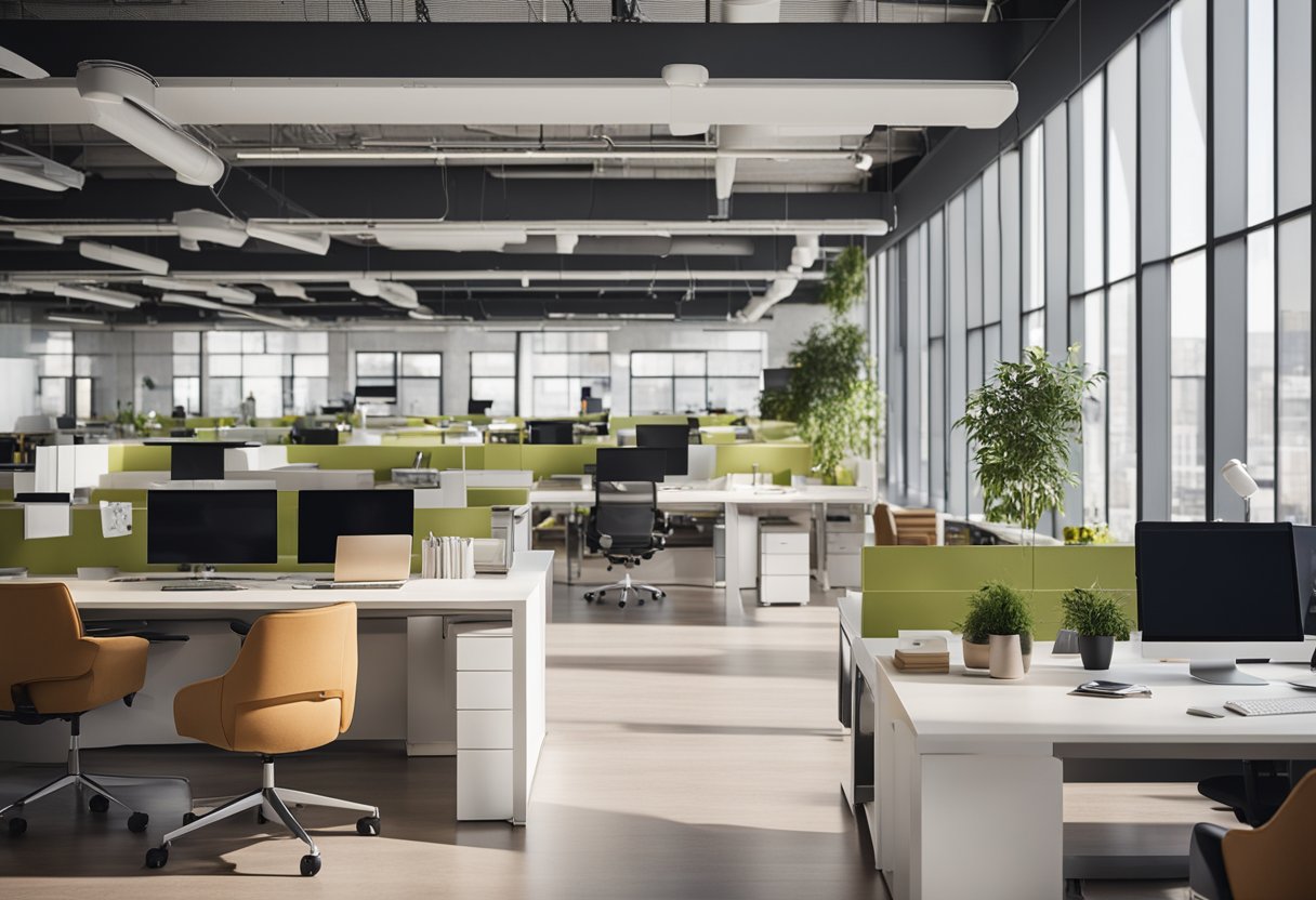 An open-concept office with modern furniture, natural lighting, and pops of color. Collaborative workspaces and ergonomic desks create a functional and stylish environment