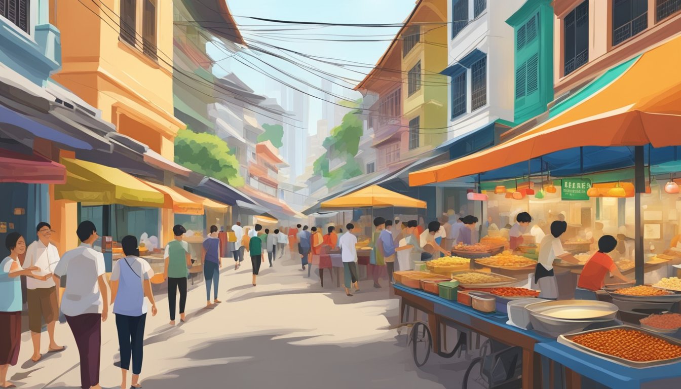 A bustling street in Singapore lined with colorful Myanmar eateries, with the aroma of sizzling spices and the sound of sizzling pans filling the air