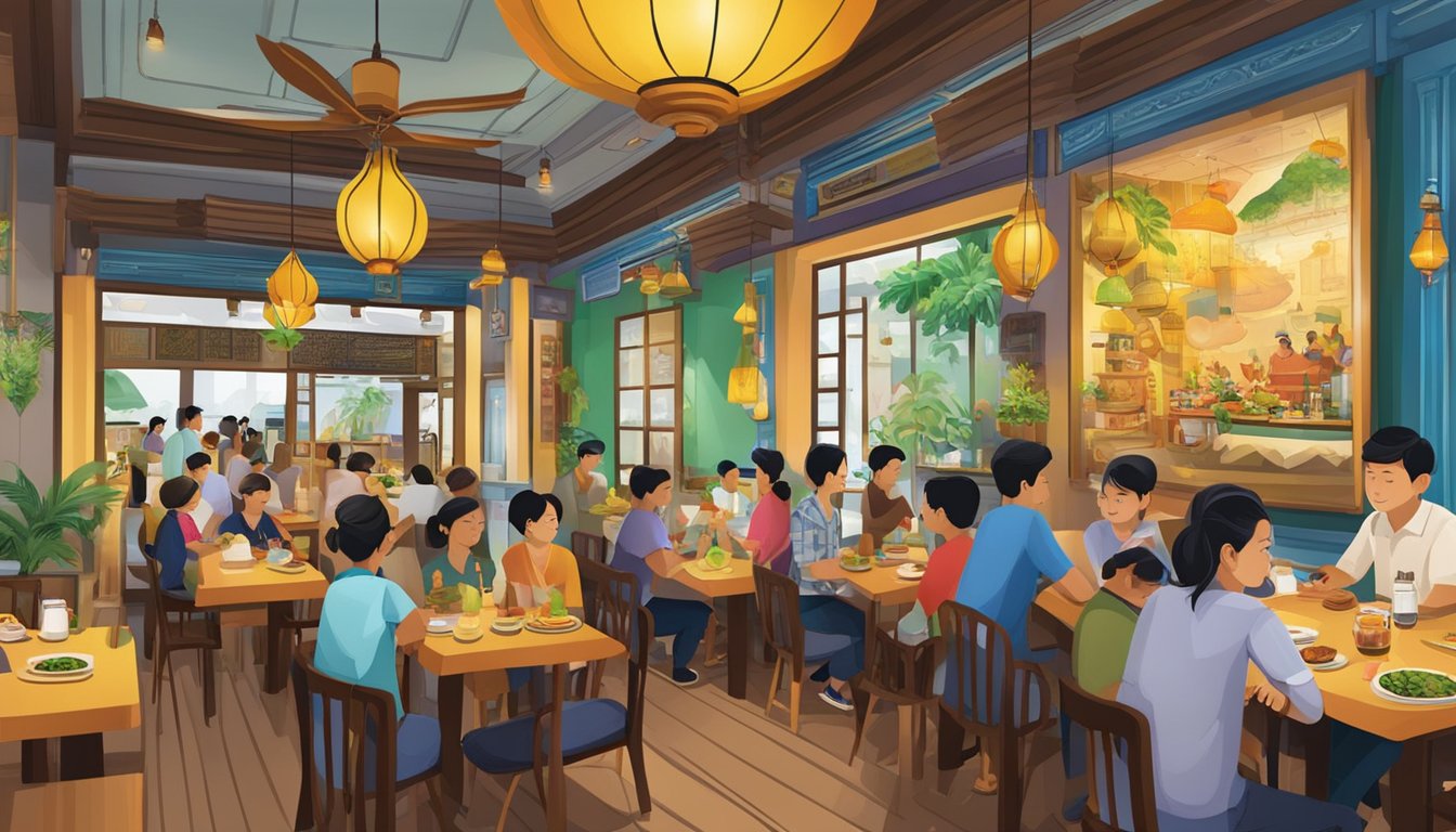 A bustling Myanmar restaurant in Singapore, with colorful decor and traditional artwork adorning the walls. Customers chat and enjoy authentic cuisine
