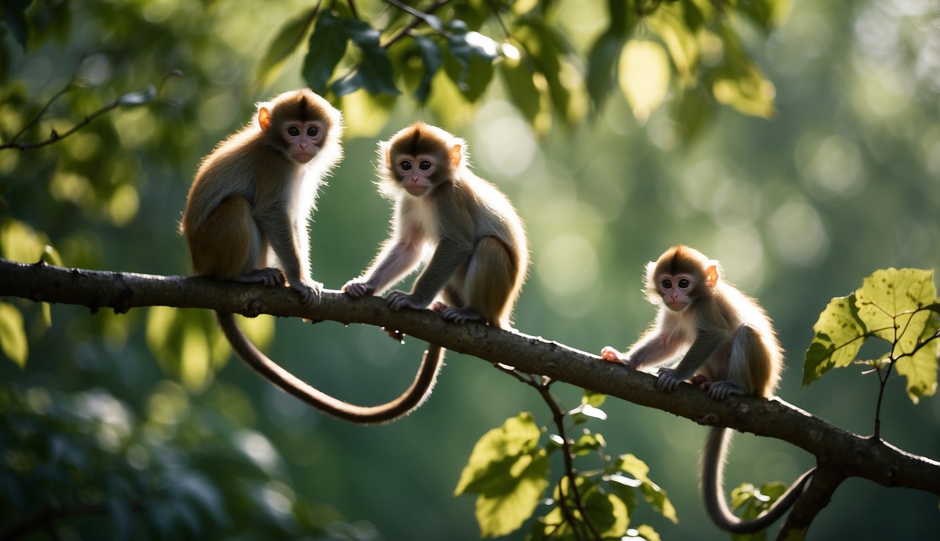 Baby monkeys swing from branch to branch, their eyes alert for lurking predators in the dense forest.

The sunlight filters through the leaves, casting dappled shadows on the vibrant green foliage