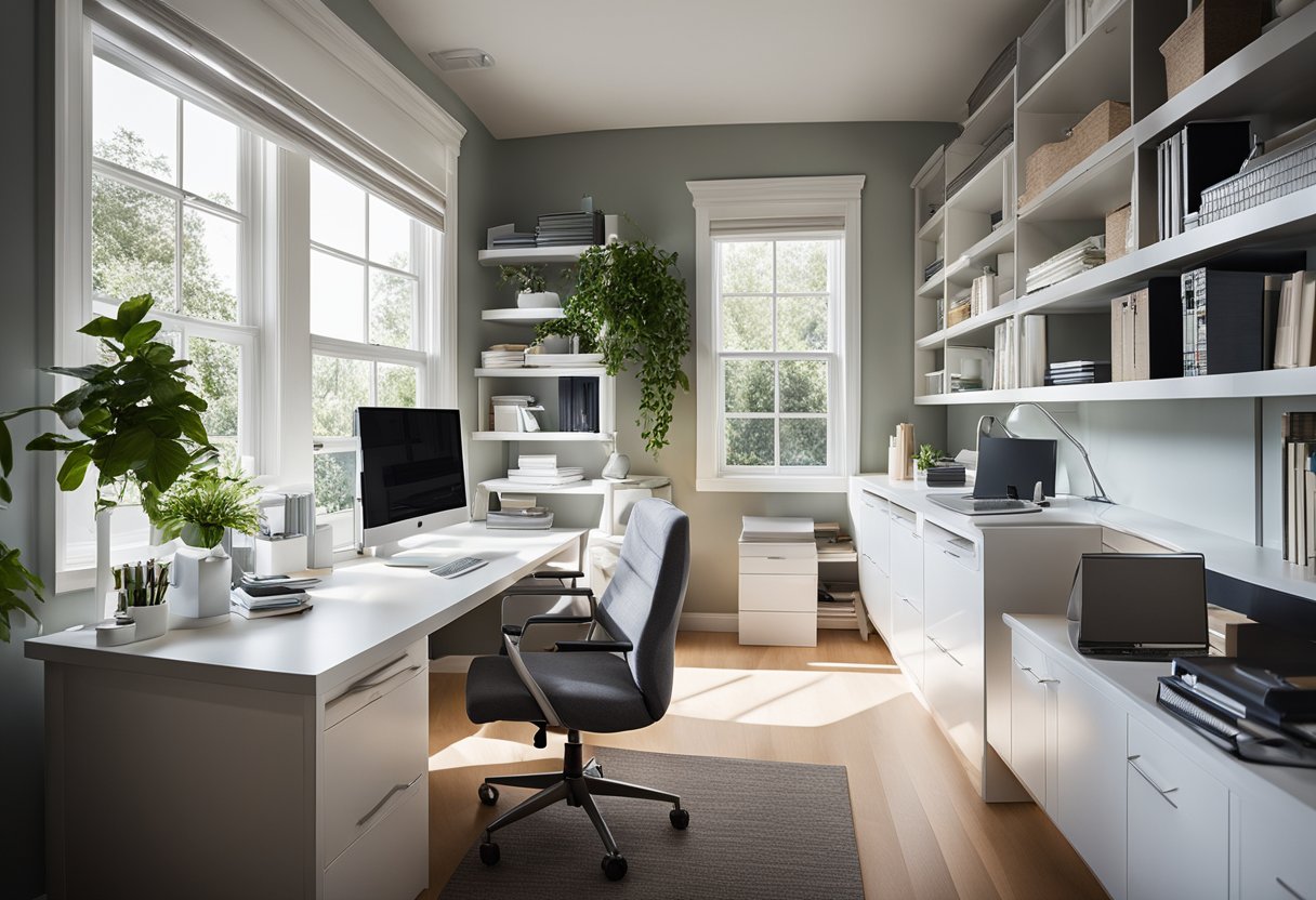 A modern home office with sleek white desk, ergonomic chair, and organized storage shelves. Natural light streams in through large windows, creating a bright and inviting workspace
