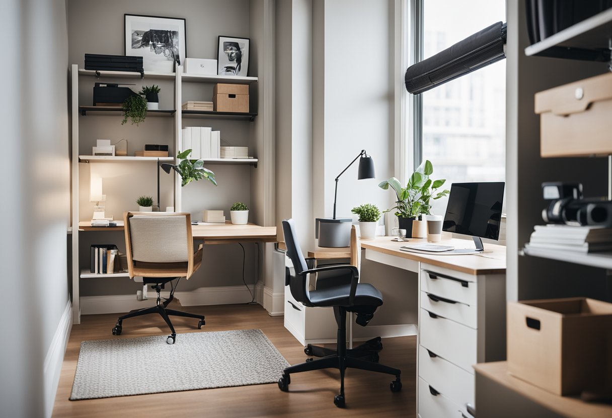 A bright and organized office space with custom IKEA furniture hacks, featuring a sleek desk, storage solutions, and personalized decor