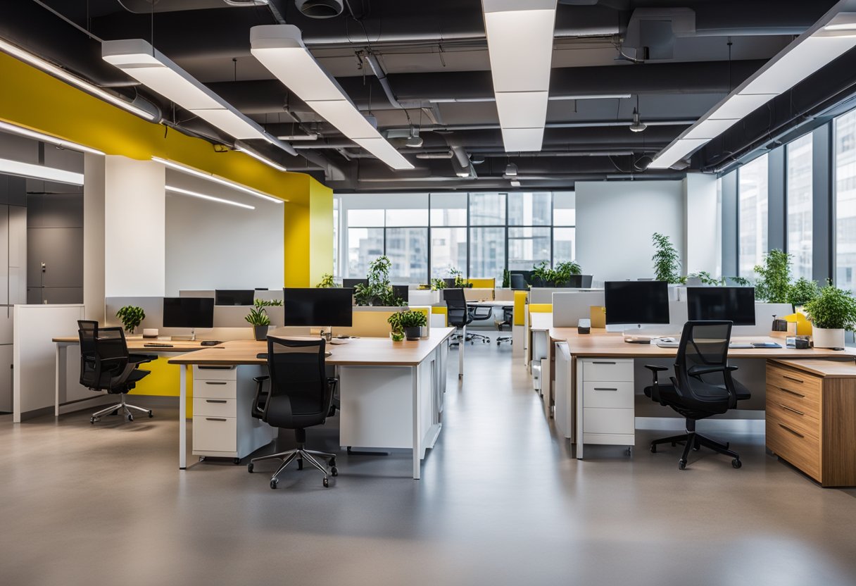An open office space with modern furniture, bright lighting, and vibrant accent colors. A variety of workstations, meeting areas, and collaborative spaces are strategically placed throughout the room