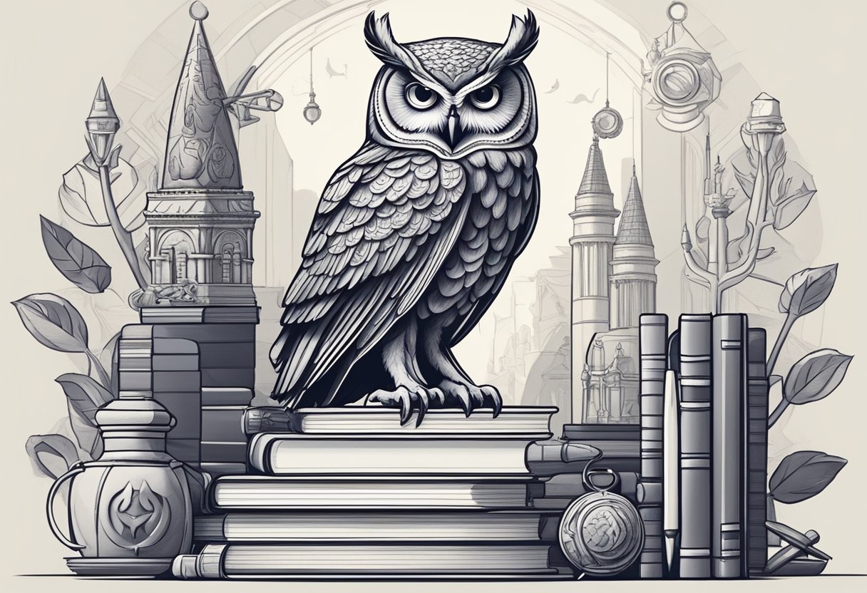 Athena's owl perched on a stack of books, surrounded by artistic tools and symbols of wisdom