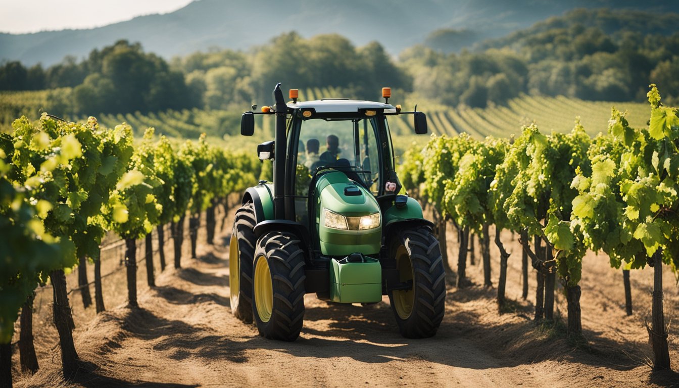 A lush vineyard with modern machinery and workers tending to the grapes. A sign reads "Invest in Our Winery 2024" with contact information