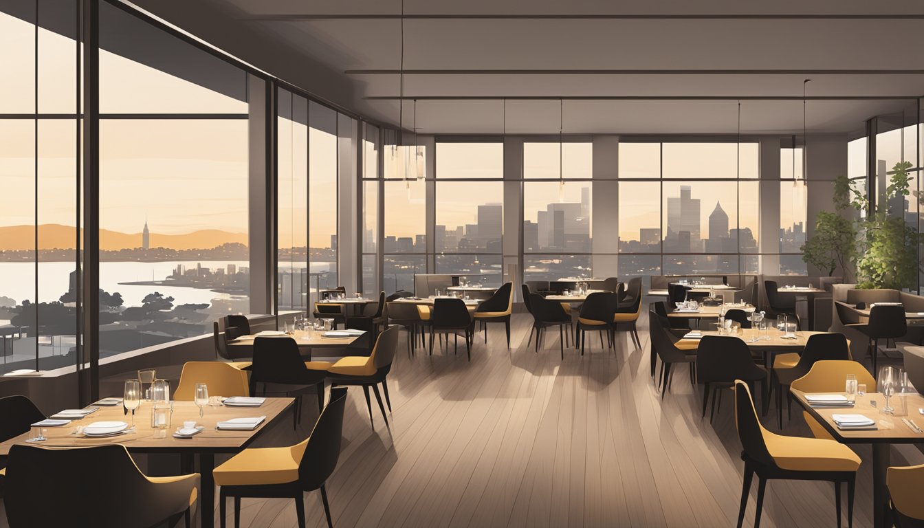 The elegant noma restaurant features minimalist decor, with warm lighting and a sleek, open kitchen. Tables are adorned with simple, modern place settings, and large windows offer a view of the surrounding cityscape