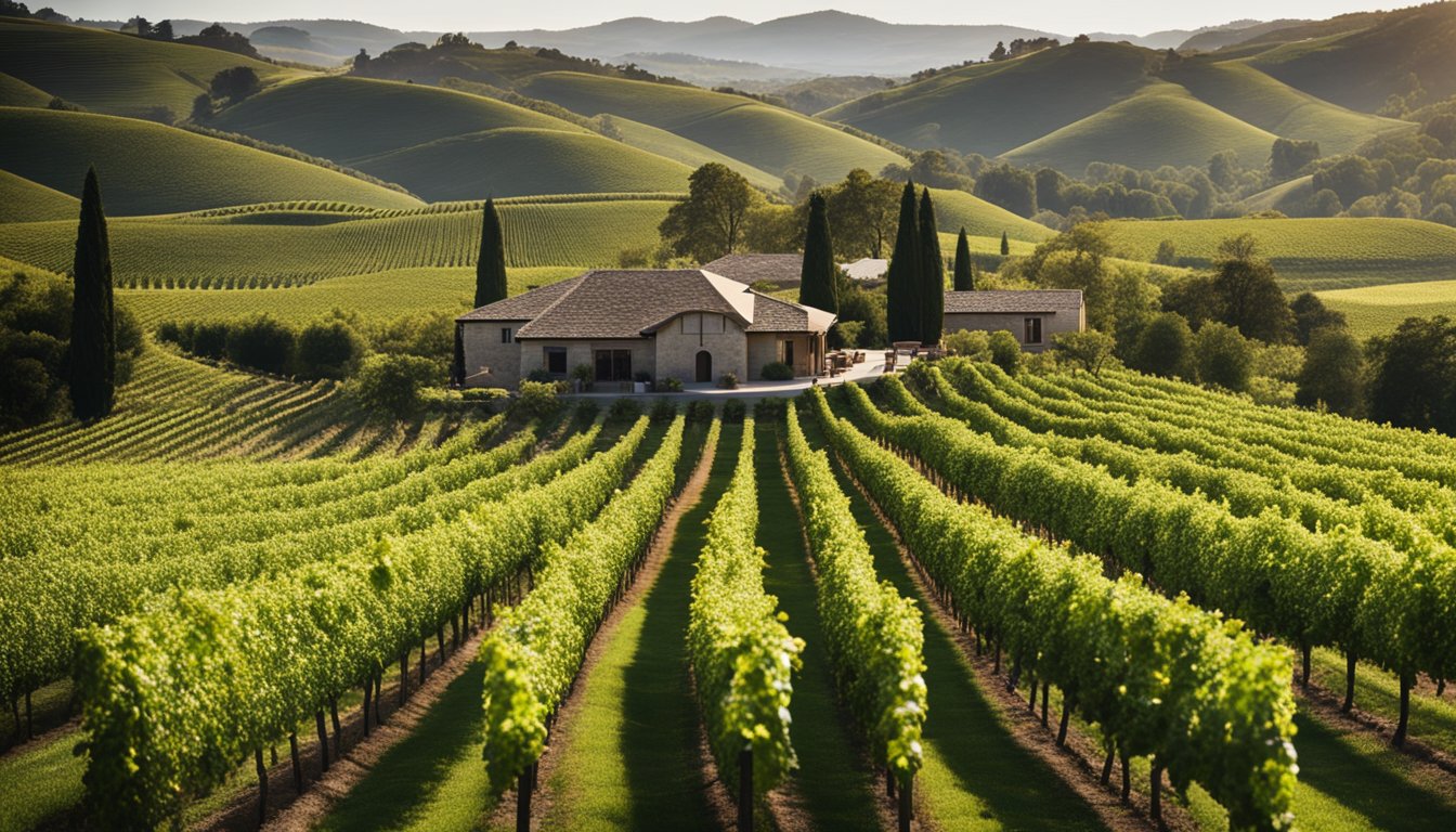 A lush vineyard sprawls across rolling hills, with neat rows of grapevines stretching into the distance. A modern winery facility stands in the background, surrounded by picturesque countryside