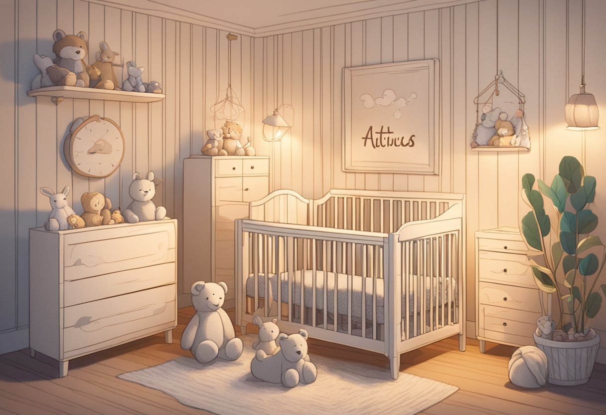 A cozy nursery with a crib adorned with the name "Atticus" in playful lettering, surrounded by soft toys and a gentle, warm light