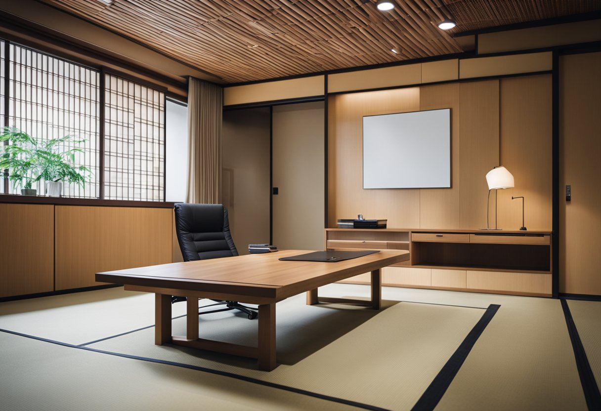 A modern Japanese office with minimalist furniture, sliding paper doors, and a traditional tatami mat floor