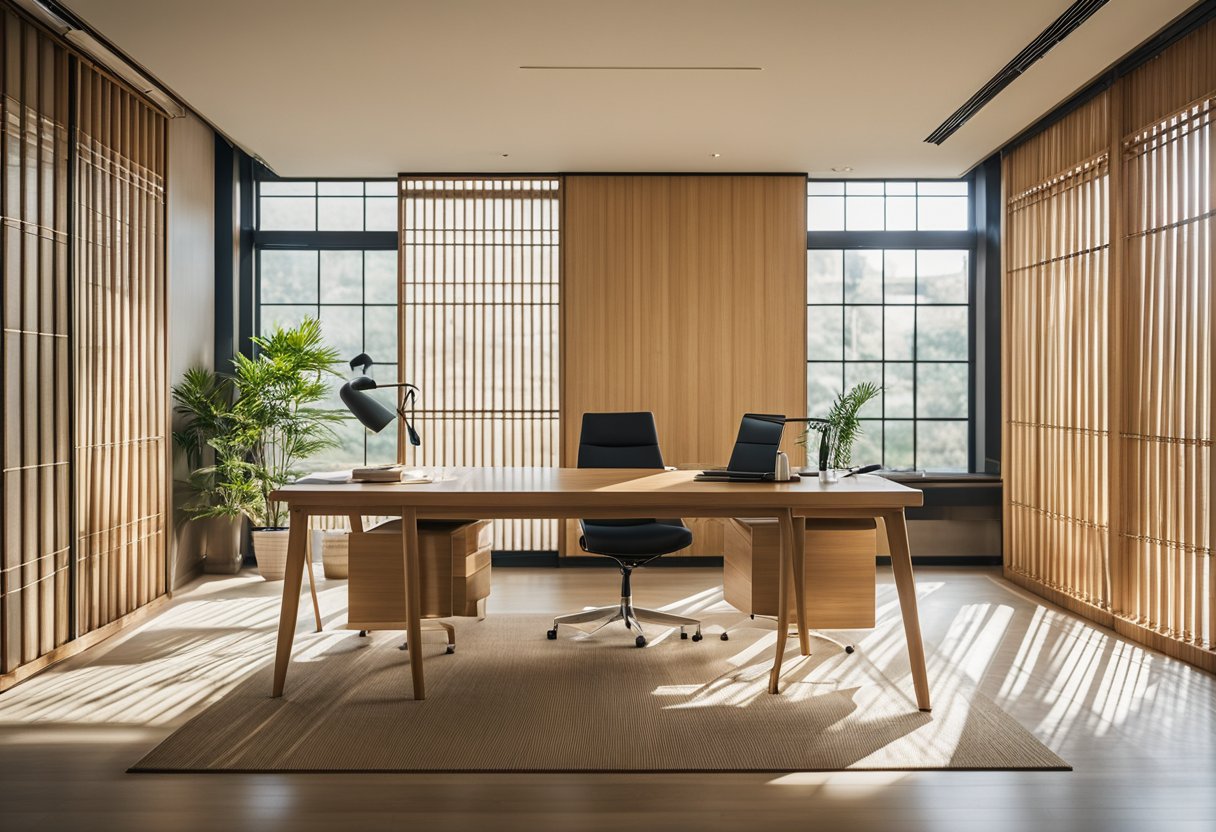 A spacious Japanese office with minimalist furniture, sliding paper doors, and natural light filtering through bamboo blinds. Traditional artwork adorns the walls, creating a serene and harmonious atmosphere