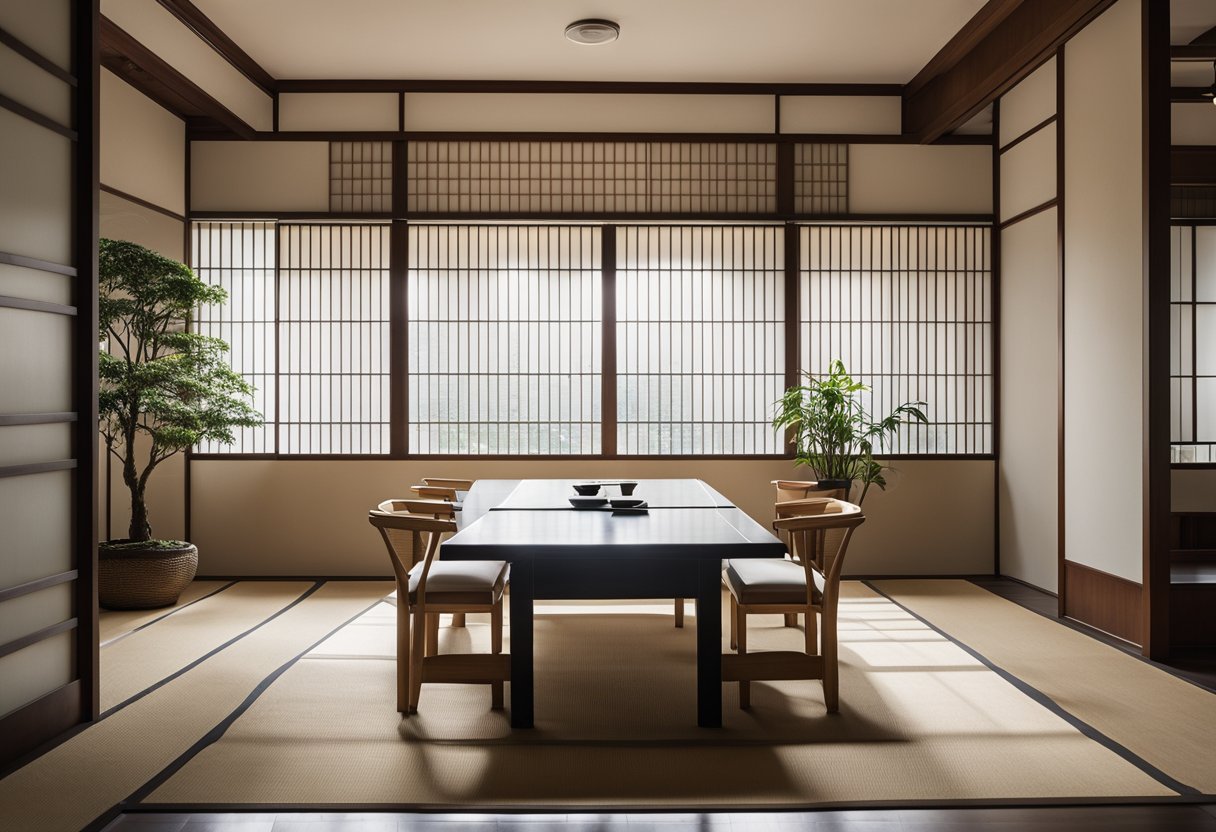 A spacious Japanese office with minimalist furniture, sliding shoji screens, and natural light pouring in from large windows. Zen garden and traditional artwork add tranquility to the space